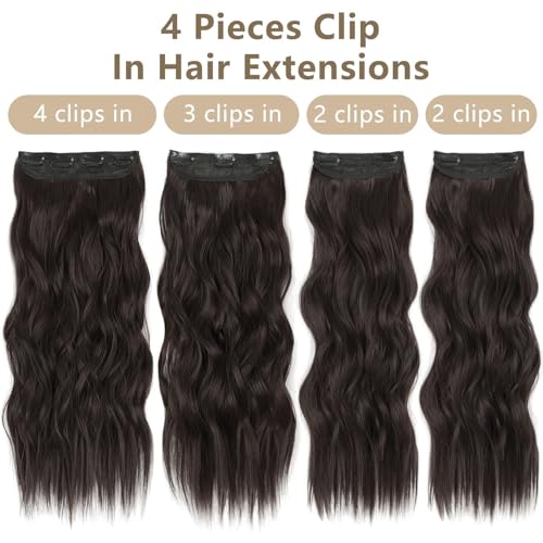 Alxnan Clip In Long Wavy Synthetic Hair Extension 4Pcs 24 Inch Dark Brown Thick Hairpieces Fiber Double Weft Hair For Women thumb #3