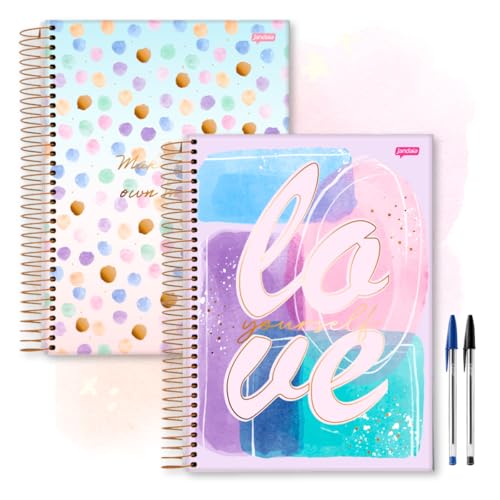 Caderno Feminino Universitário Grande KIT com 2 unidades Menina 12 Matérias + 2 Canetas (Love + Poa)