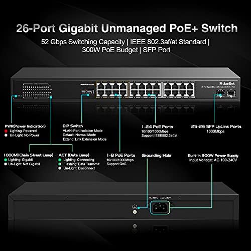 MokerLink 26 Port Gigabit PoE Switch, 24 Gigabit PoE+ Ports, 2 Gigabit SFP Uplink, 300W IEEE802.3af/at, Fanless Rackmount Unmanaged Plug and Play Ethernet Switch — view 2