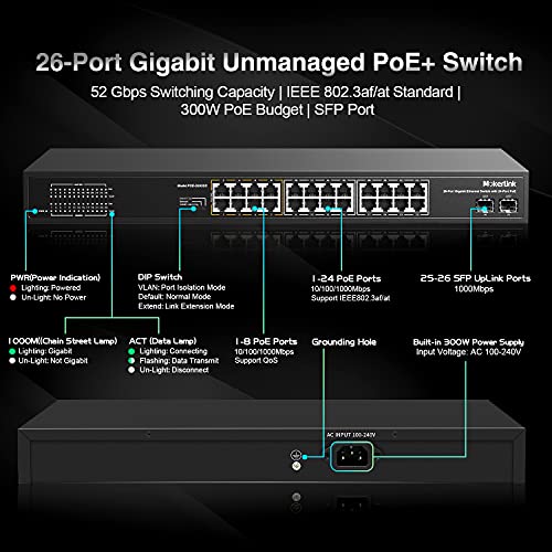 Image of MokerLink 26 Port Gigabit PoE Switch, 24 Gigabit PoE+ Ports, 2 Gigabit SFP Uplink, 300W IEEE802.3af /at, Fanless Rackmount Unmanaged Plug and Play Ethernet Switch