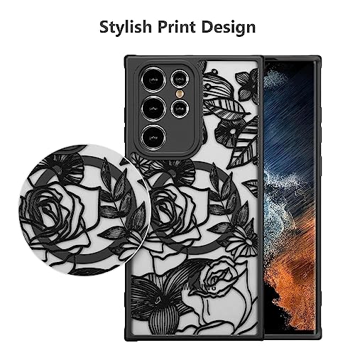 Coque Samsung S22 Ultra fine en TPU souple noir et fleurs roses Magsafe