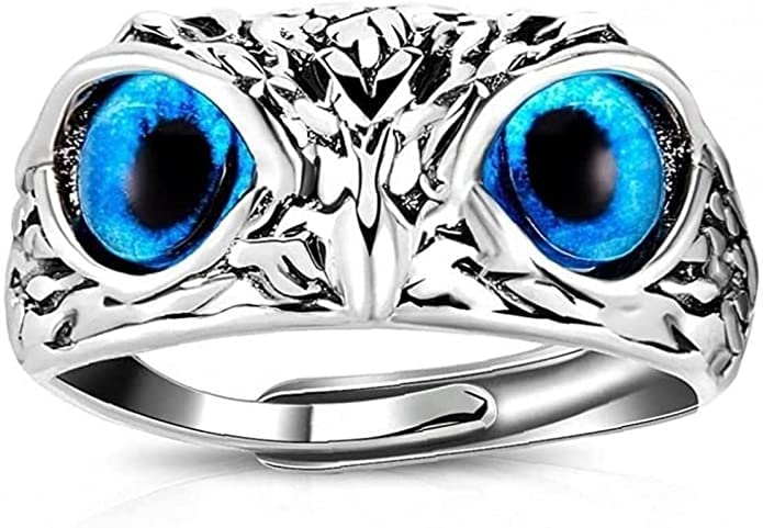Owl Blue Eye Ring Adjustable for Luck and blessing of Maa Goddess Laxmi in Stainless Steel Rhodium Plated Ring for Men & Women-picture-11