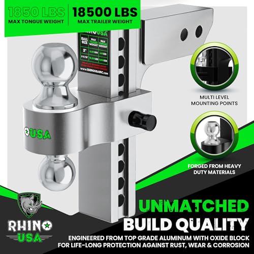 Image of Rhino USA Adjustable Trailer Hitch (Fits 2.5-Inch Receiver) Heavy Duty Aluminum Tow Hitches with 10-Inch Drop /Rise for Truck (18,500 LBS GTW) Weatherproof Double Anti-Theft Locking Hitch Pins (Silver)