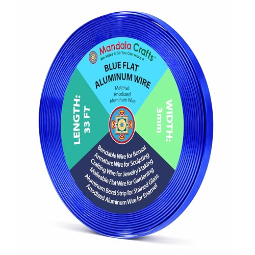 Image of Mandala Crafts 3mm Blue Flat Aluminum Crafting Wire for Sculpting | 33 Feet, Anodized, Colored, Tarnish Resistant, Bendable, Flexible, for Jewelry Making, Bezel, Bonsai, Armature, Outdoor