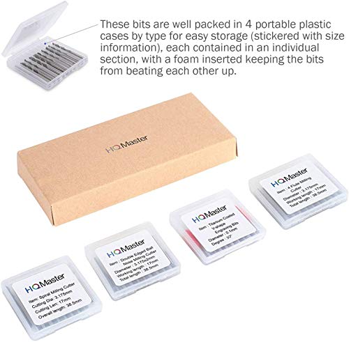 40Pcs End Mill Combination Kit Set 1/8" Shank CNC Router Bits Cutter Cutting Milling Tool (4 Type, Each 10Pcs) Flat Nose/Ball Nose End Mill 30° V-Shape Engraving Bits 4 Flutes End Mill