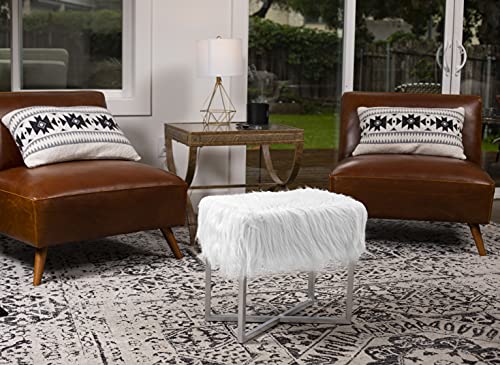 Birdrock Home Rectangular White Faux Fur Foot Stool Ottoman With Grey Legs - Vanity Chair - Soft Compact Padded Seat - Bedroom And Kids Room Chair - Metal - Fluffy Makeup Seat #TOP6