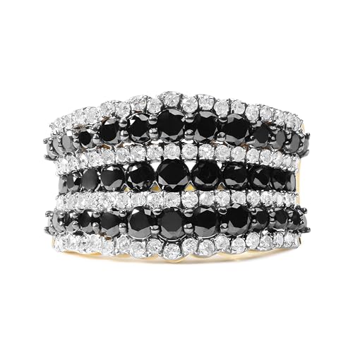 14K Yellow Gold Plated .925 Sterling Silver 1 3/4 Cttw Treated Black and White Alternating Diamond Multi Row Band Ring (Black/I-J Color, I2-I3 Clarity) - Size 8