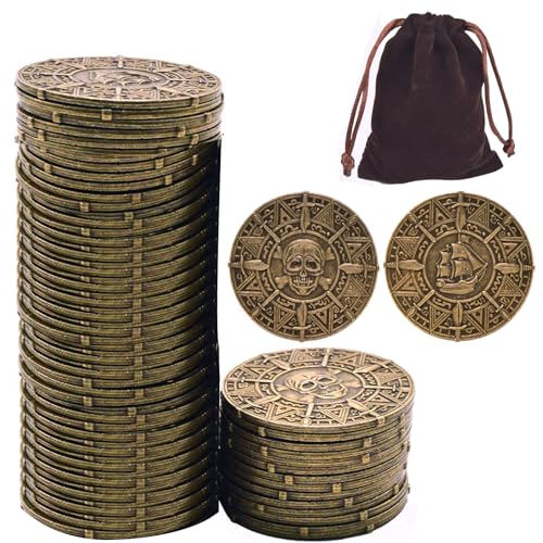 Large Metal Pirate Coins Gold Treasure Coin Set Metal Replica Spanish Doubloons for Board Games Tokens Realistic Money Imitation for Treasure Chest - Size 1.18 (Pirate Copper 50 PCS)