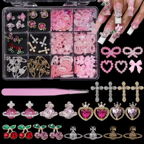 Tatiwoo Assorted 3D Pink Nail Gems Charms, 24 Pieces - Metal & Glass, Includes Bow, Heart, Star, Moon, Butterfly & Flower Designs for Nail Art DIY Decal Manicure Accessories