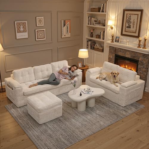 Canapé 3 places velours côtelé blanc 190 cm Fabulcozy