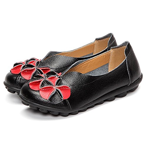 Gracosy Mocassins Femme, Ballerines en Cuir à Fleurs Chaussures de Ville Hiver Automne à Talons Plats Semelles Epaisse Confortable pour Pieds Larges - Noires Marron Bleue Rouge Jaune, Noir, 41 EU