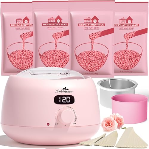 Lifestance Chauffe Cire Epilation Professionnelle pour Femme Avec 400g Perles de Cire, 30 Bâtonnets de Cire et Un Bol en Silicone pour Tout le Corps