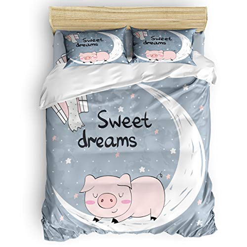 Yogaly Home Bedding Set 4 Pieces Full Size for Adults/Teens/Children/Baby Pig Sweet Dream Printed Bed Sheets, Duvet Cover, Flat Sheet, Pillow Covers