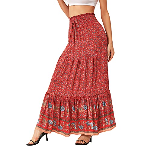Durio Boho Skirts for Women High Waisted Maxi Skirts for Women Long Floral Skirt for Summer Red S4