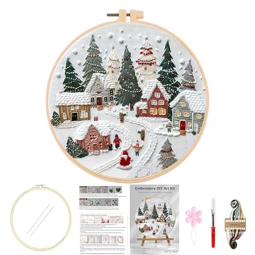 Huacan Kit de bordado de árbol de Navidad para adultos, principiantes, punto de cruz, patrón de aldea, kit de costura, 1 pieza de 7.9 x 7.9 pulgadas