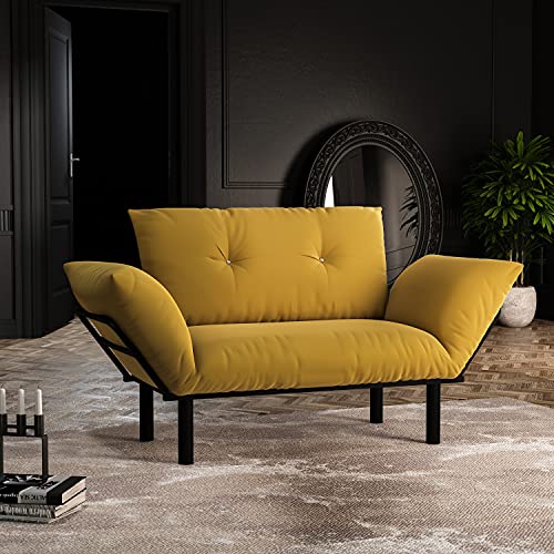 Ht Design Extra Wide Modern Loveseat Futon For Living Rooms And Bedroom, Removable Back And Seat Cushion, Small Size Furniture For Guest Room Studio Apartments, Yellow #TOP4