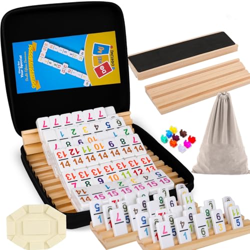 Doreimi Double 15 Mexican Train Dominoes Set with 8 Wooden Holders, 136 Number Tiles Portable Board Game for Kids and Adults Family Game Night