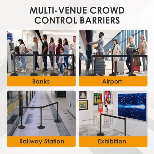 Image of 6 Pack Stanchions with Retractable Belts - Heavy Duty Crowd Control Barriers with Weighted Rubber Base, Retractable Belt Stanchions for Queue Line, Events, Public Safety(Black,6 Pack)