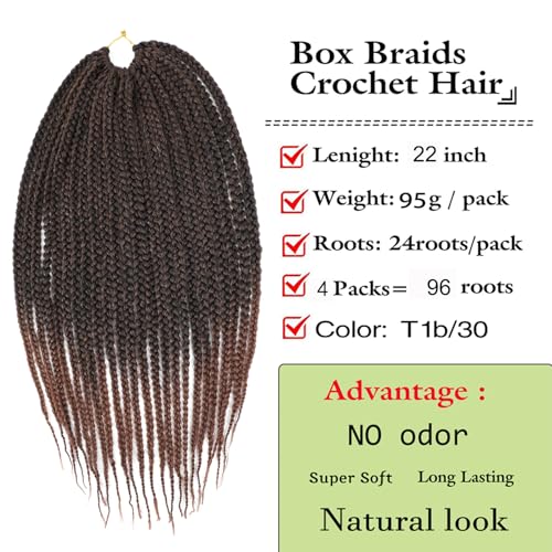 Crochet Box Braids 4 Packs 96 Strands 22 Inch Goddess Box Braids Crochet Hair Pre looped Crochet Hair 3x Crochet Braids for Black Women (22 Inch T1B/30)