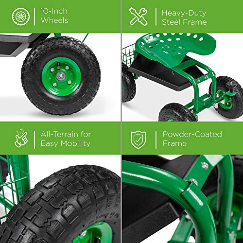 Best Choice Products 4-Wheel Garden Cart Mobile Rolling Work Seat W/Tool Tray, Storage Basket, Rubber Tires - Green #TOP4