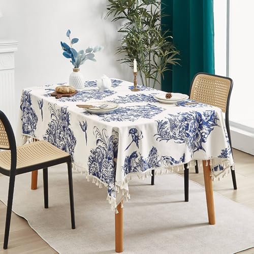 Nappe de table rectangulaire KnSam 150x260 fleurs bleu blanc