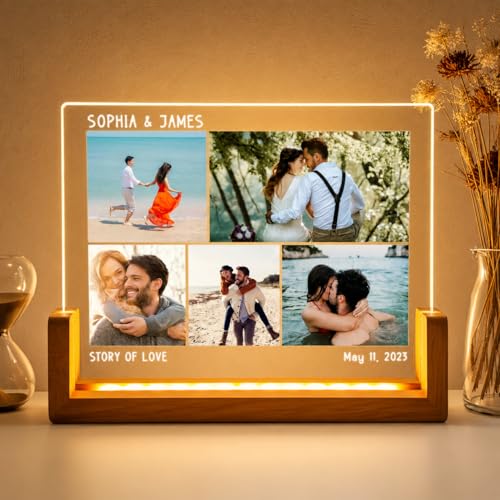 Image of Custom Photo Collage LED Lamp, Personalised Acrylic Night Light, Warm White, Modern Style, Anniversary and Birthday Gift for Couples and Friends (Design 2)