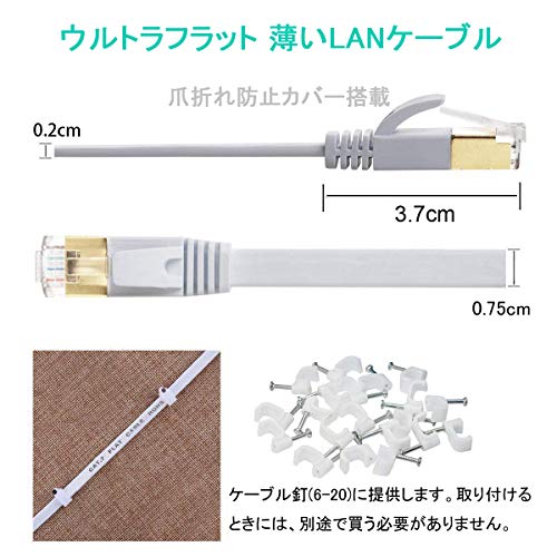 undefined FOSTO Cat7 LANケーブル 40m カテゴリー7 イーサネットケーブル ウルトラフラットケーブル 高速 STP 金メッ 爪折れ防止 RJ45コネクタ付き ギガビット 10Gbps/600MHz 業務用 屋外用(ホワイト) の商品画像 1