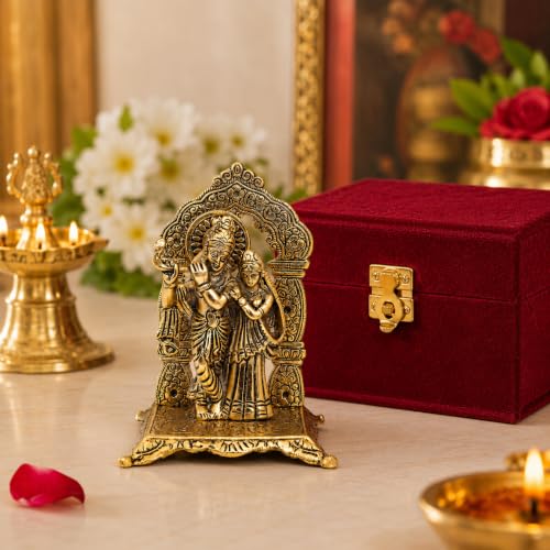 Image of Lavanaya Silver-Gold Plated Radha Krishna God Idol Statue-Showpiece With Velvet Gift Box-For Marriage Anniversary, Wedding, Housewarming, Diwali Gift, 10 cm , 10 cm