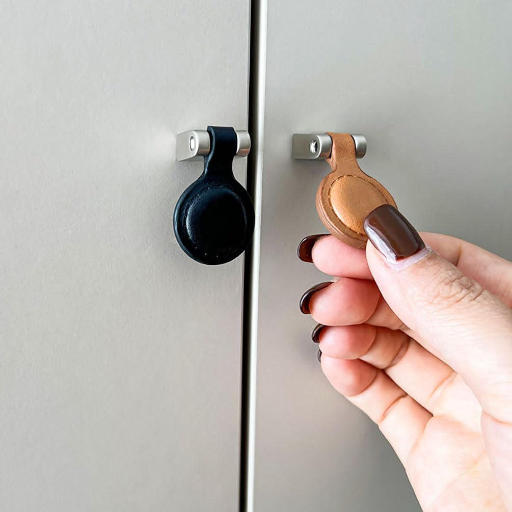 Leather Drawer Pulls, 6 Pack Dresser Knobs Genuine Leather Dresser Handles, Single Hole Cabinet Pulls, 304 Stainless Steel Metal Head Soft Drawer Pulls for Cabinets and Drawers