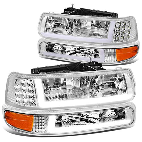 Image of DNA MOTORING Pair Headlight Assembly Compatible with 99-02 Silverado 1500 2500 /01-02 Silverado 1500 2500 HD, w /LED Daytime Running Light Bar, Chrome /Amber, HL-LB-CSIL99-CH-AM