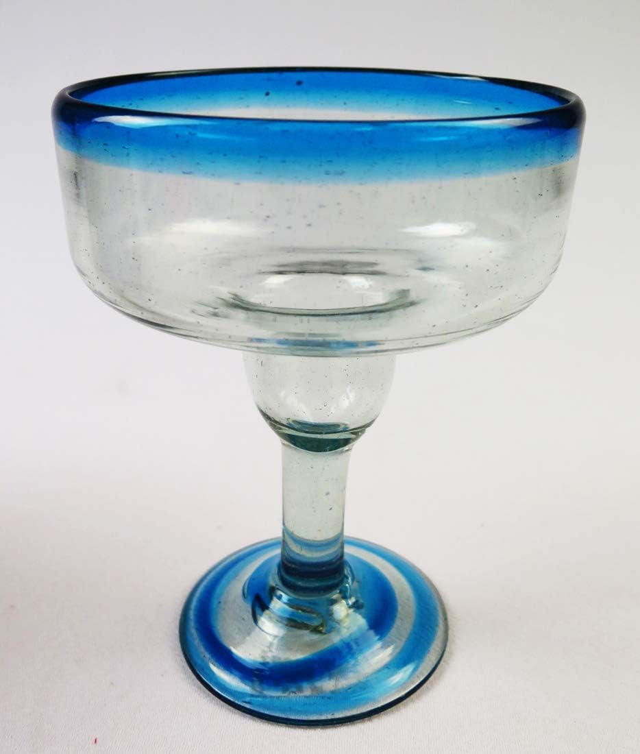 Mexican Margarita Glass with Turquoise Rim and swirl base, Set of 6