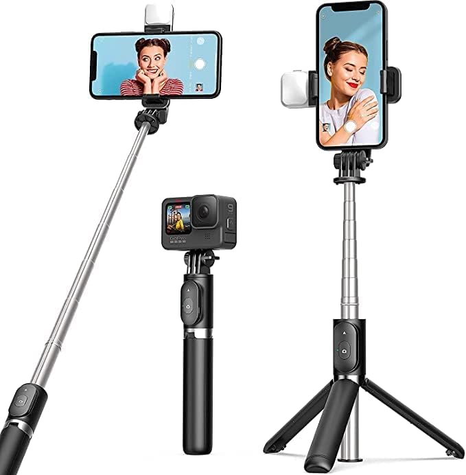 Image of R1s Bluetooth Selfie Sticks with Remote and Selfie Light, 3-in-1 Multifunctional Selfie Stick Tripod Stand Compatible with All Phones (Black)