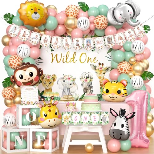 SNLN Wild One Birthday Decorations Jungle Theme 1st First Birthday Decorations Girl Jungle Safari Animal Foil Balloons Backdrop Crown Banner Number 1 Balloon Pink Sage Green Balloon Arch Poster Leaves