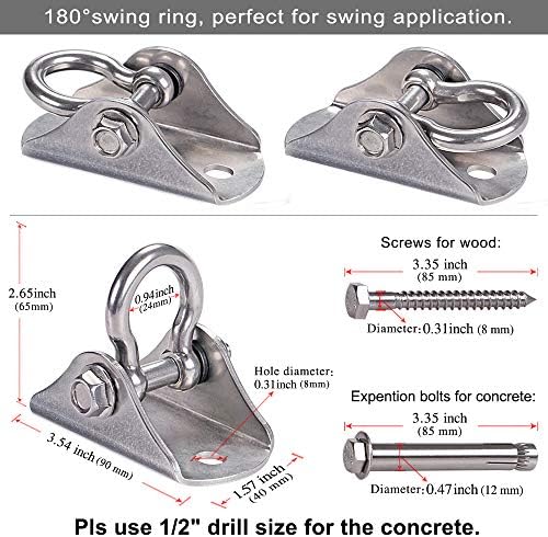 BeneLabel Permanent Rust Resistant Stainless Steel Heavy Duty Swing Hanger 1000 LBS 2 Wood Screws 2 Concrete Expansion Bolts Yoga Hammock Chair Sandbag Swing Set 180° Swing