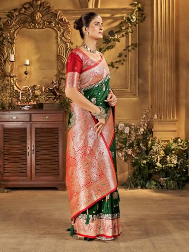 Image of Mehrang Women's Banarasi Silk Kanjivaram Saree For Wedding With Pure Zari Work, Woven Design, With Unstitched Blouse Piece