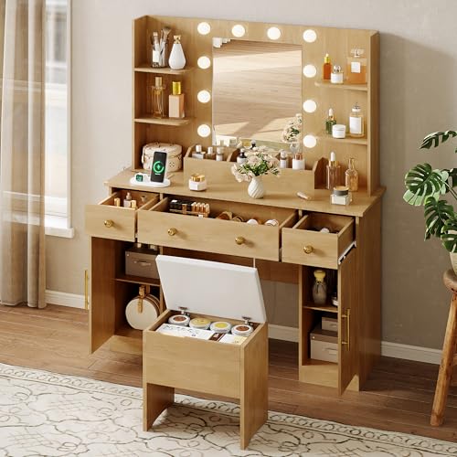 Image of HUANLEGO Vanity Desk with Mirror and Lights, Wood Makeup Vanity with Charging Station & Stool, 3 Drawers and Cabinets, Farmhouse Vanity Mirror with RGB LED Lights Makeup Desk and Chair for Women