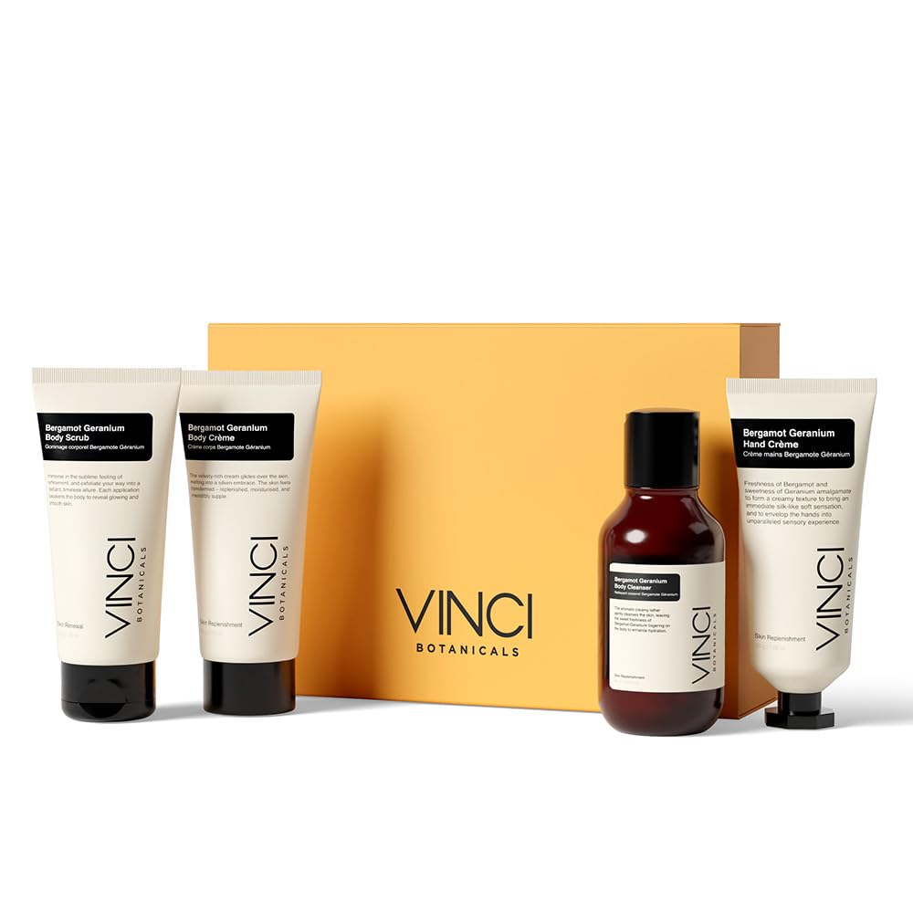 Vinci Botanicals Bergamot Geranium Gift Set | Hand Cream, Body Wash, Body Cream, Body Scrub | Cleanses, Polishes & Hydrates Skin | Fresh Sweet Aroma | Travel sizes | Everyday Essentials | Pack of 4