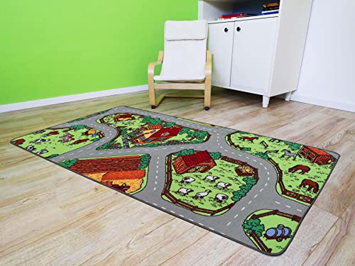 Primaflor Spielteppich Bauernhof - 95x200 cm | Straßenteppich mit Tieren | Made in EU | Kinderteppich mit Straßen für Jungen & Mädchen | für Fußbodenheizung | Kurzflor Teppich für Kinderzimmer – Bild 3