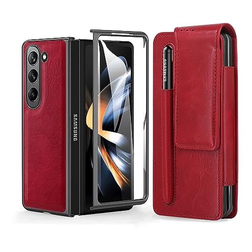 BAILI Capa de couro para Galaxy Z Fold5 estilo comercial retrô Galaxy Z Fold5, clipe de cinto Z Fold5 coldre anexado S caneta e película compatível com Samsung Galaxy Z Fold5 para homens e mulheres - vermelho