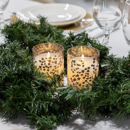Image of LumaBase Battery Operated LED Glass Candles with Flickering Flame, Gold Fern - Set of 2