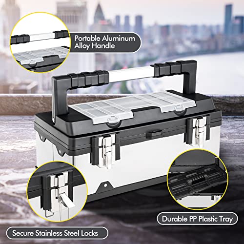 Safstar 19 Inch Tool Box, Lockable Organizer Toolbox W/Removable Tray & Portable Handle, Handle Essential Tool Kit Box, Aluminum Steel Tool Storage Box For Home Garage, Free Assembly #TOP3