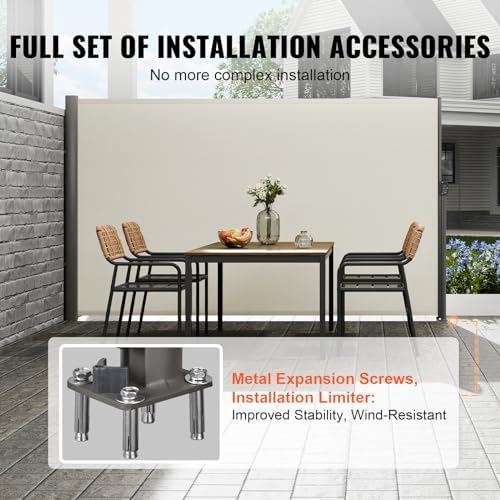 VEVOR Retractable Side Awning, UV 50 71''x118'' Rugged Full Aluminum Rust-Proof, Patio Sunshine Screen, 280 g Thicken Privacy Divider Wind Screen, Suitable for Yard, Roof Terraces and Pools, Beige - 3