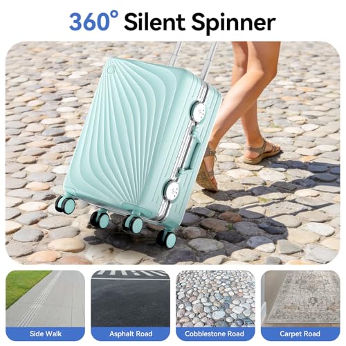 Image of Carry On Luggage, Hardside Zipperless Suitcase, Mint Green, 20 in | Airline Approved, Aluminum Frame, TSA Lock, 360Spinner Wheels, PC, Charger Port, Cup and Phone Holder, Side Hook