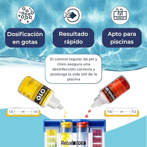 Miniatura 3 de Test Kit Cloro Y Ph, Medidor Del Cloro Y Ph Del Agua De La Piscina, Accesorios Piscina Básico, Apto Para Cualquier Tipo De Agua, Contiene Phenol Y Oto En Gotas