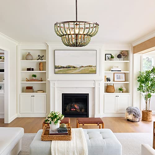 Haopent 5-Light Beaded Chandelier, 16" Farmhouse Wood Bead Chandelier Lighting With Rustic White Wood Beads For Foyer Boho Pendant Ceiling Light Fixture For Living Dining Room Kitchen Island Bedroom #TOP4
