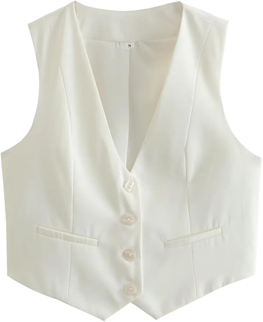 ODIZLI Women's Sleeveless Cropped Business Vest with Pockets, White, S-L - Image 6