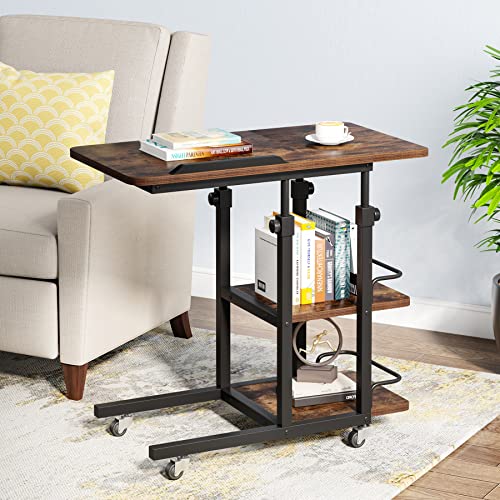 Tribesigns Height Adjustable C Table With Storage, Mobile Couch Snack Side Table With Tiltable Drawing Board, Rolling Sofa Bedside Table Laptop Rolling Cart For Bedroom, Living Room (Rustic Brown) #TOP4