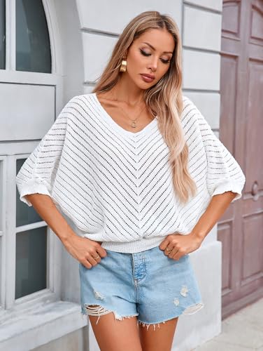 Image of Libsorge Womens Sexy V Neck 3 /4 Sleeve Sweater Spring 2025 Trendy Dressy Casual Outfits Lightweight Crochet Knit Pullover Top