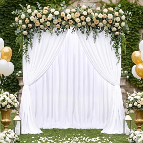 Image of White Backdrop Curtains 4 Panels 5ft x 8ft Photo Polyester Backdrop Drapes for Wedding Party Background Decorations