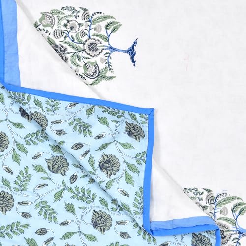 Image of BLOCKS OF INDIA Hand Block Printed Cotton Single Size Reversible Malmal Dohar for Summer (Blue Tree of Life)